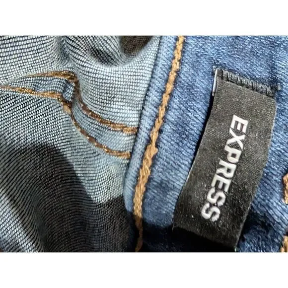 Express Women's Blue Dark-Wash Distressed Skinny Mid-Rise Denim Jeans Size 6L - Picture 6 of 6
